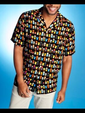 Disney Black Short-Sleeve Button-Down Shirt with Colorful Character Print